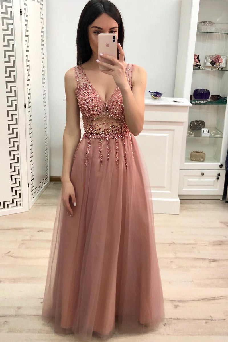 Straps Beading Long Tulle Gold Prom Dress with Open Back