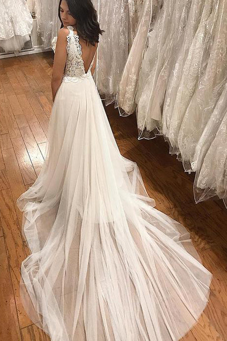 Boho Long V-Neck A-line Ivory Wedding Dress with Lace