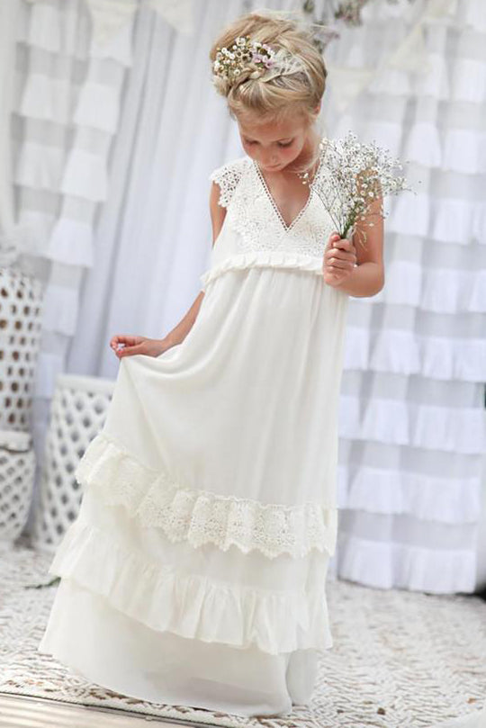 Boho Ivory Chiffon Long Flower Girl Dress