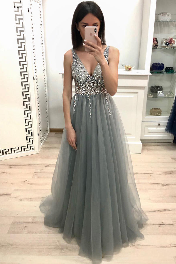 V-Neck Backless Tulle A-Line Sequin Appliques Party Prom Dress