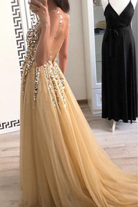 V-Neck Backless Tulle A-Line Sequin Appliques Party Prom Dress