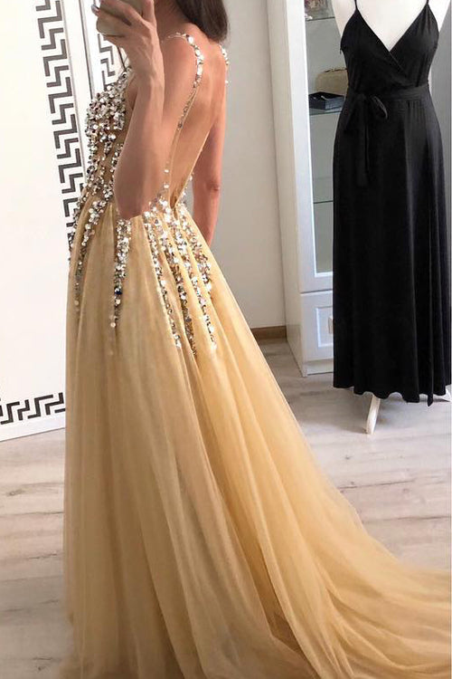 Straps Beading Long Tulle Gold Prom Dress with Open Back