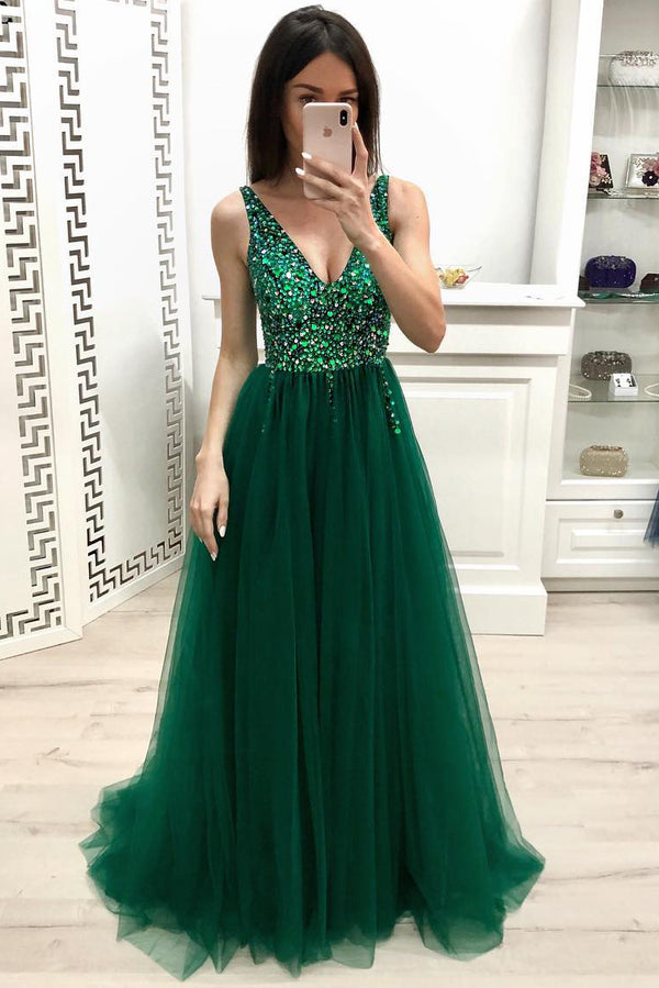 V-Neck Backless Tulle A-Line Sequin Appliques Party Prom Dress