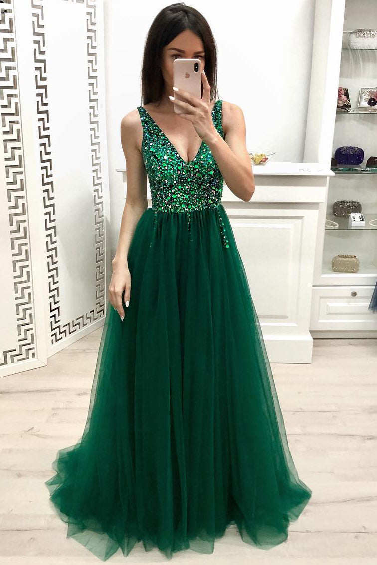 V-Neck Backless Tulle A-Line Sequin Appliques Party Prom Dress