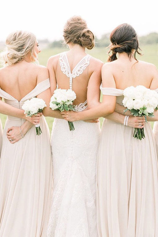 Boho Off the Shoulder Ivory Pleated Chiffon Bridesmaid Dress FancyVestido Boho Off the Shoulder Ivory Pleated Chiffon Bridesmaid Dress FancyVestido
