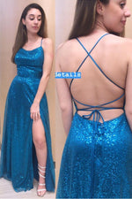 Spaghetti Straps Sequins Blue Prom Dress with Slit