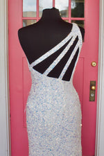 One Shoulder White Sequined Long Prom Dress with Slit