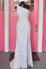 One Shoulder White Sequined Long Prom Dress with Slit