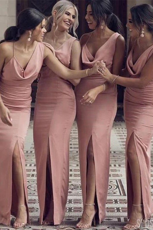 Elegant Blush Pink Cowl Neeck Bridesmaid Dress with Slit FancyVestido Elegant Blush Pink Cowl Neeck Bridesmaid Dress with Slit FancyVestido
