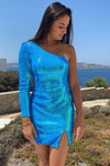 Tight Blue Sequins One Sleeve Short Homecoming Dress