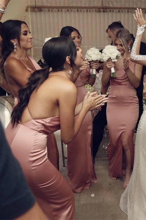 Elegant Blush Pink Cowl Neeck Bridesmaid Dress with Slit