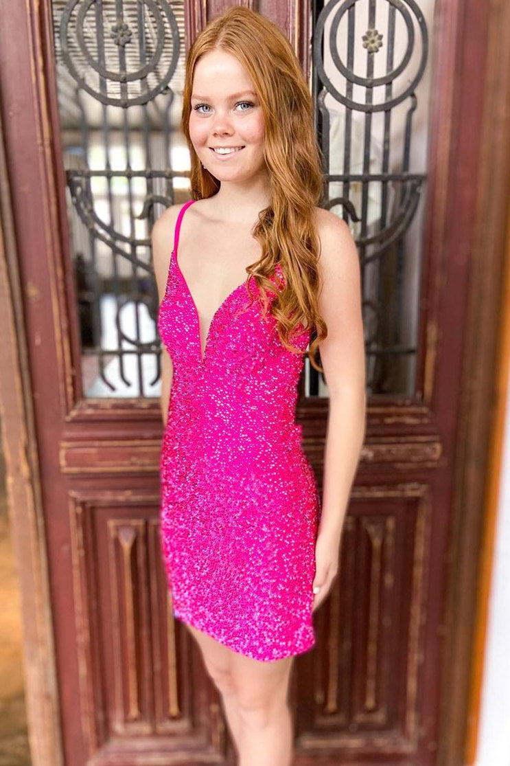 Sparkle Hot Pink Sequins Short Party Dress