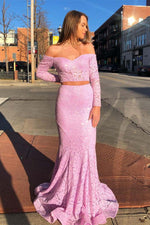 Off the Shoulder Pink Lace Long Prom Dress