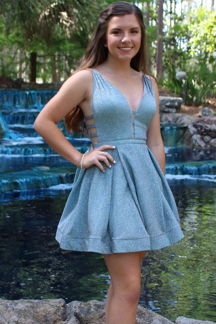 Glitter A-Line Blue V-Neck Short Homecoming Dress FancyVestido Glitter A-Line Blue V-Neck Short Homecoming Dress FancyVestido