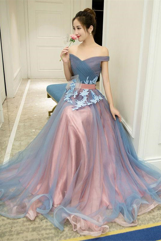 Chic Off the Shoulder Dusty Bule and Pink Long Prom Dress