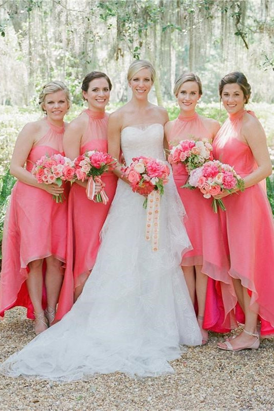 Halter Coral High Low Bridesmaid Dress