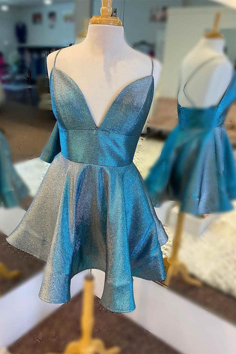 Cute Short V-Neck Blue Homecoming Dress