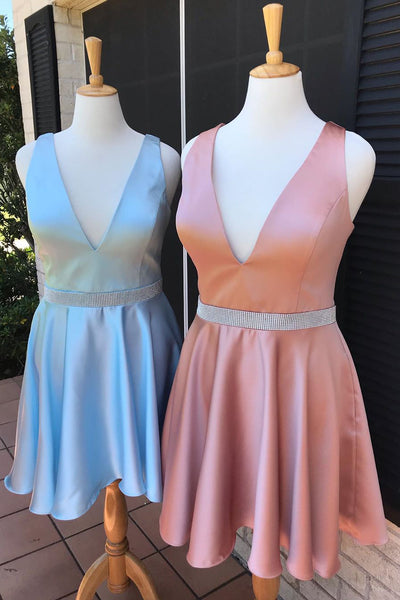 Deep V Pink Satin Homecoming Dress with Beaded Belt