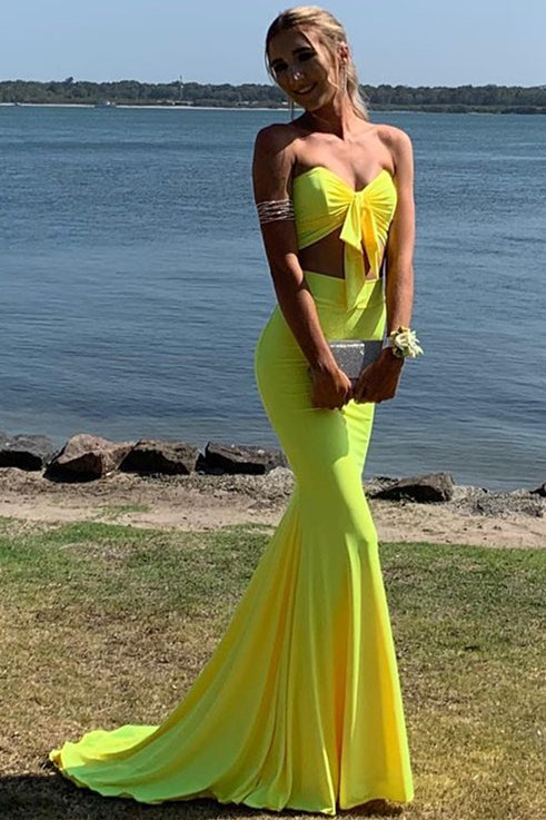 Two Piece Sweetheart Mermaid Yellow Prom Dress FancyVestido Two Piece Sweetheart Mermaid Yellow Prom Dress FancyVestido