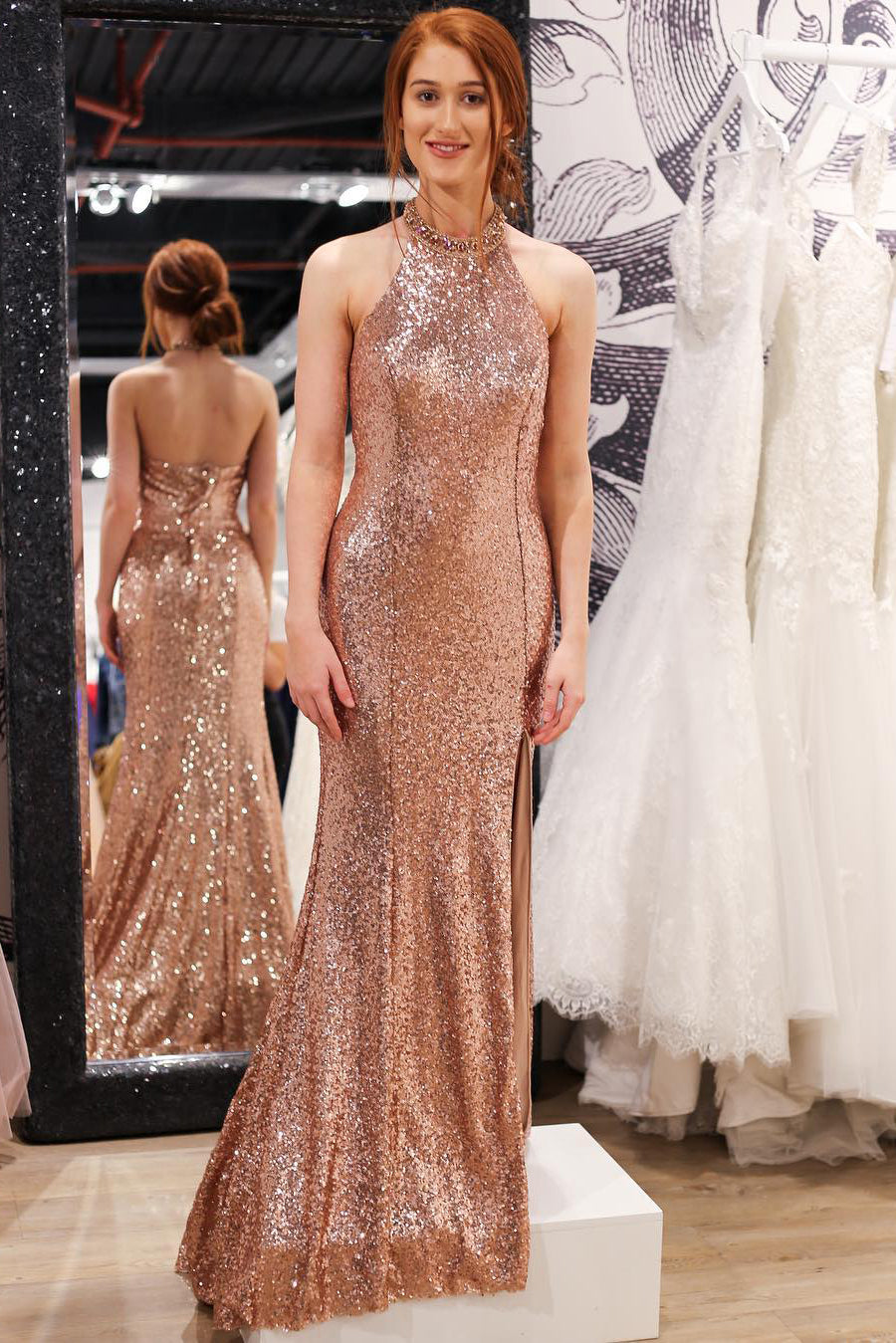 Elegant Mermaid Halter Rose Gold Evening Gown with Slit FancyVestido Elegant Mermaid Halter Rose Gold Evening Gown with Slit FancyVestido