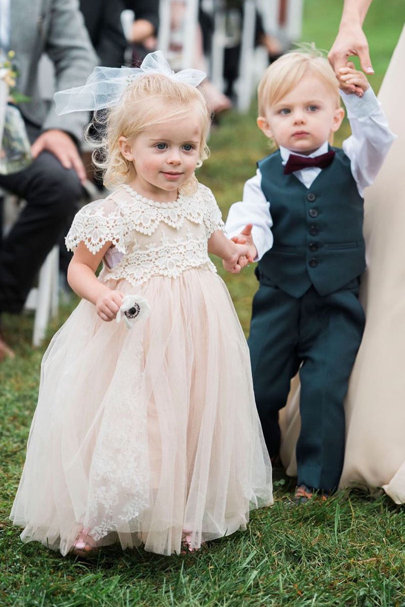 Cap Sleeves Lace-Top Champagne Flower Girl Dress