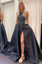 Glitter Black Halter A-Line Long Formal Dress with Pockets