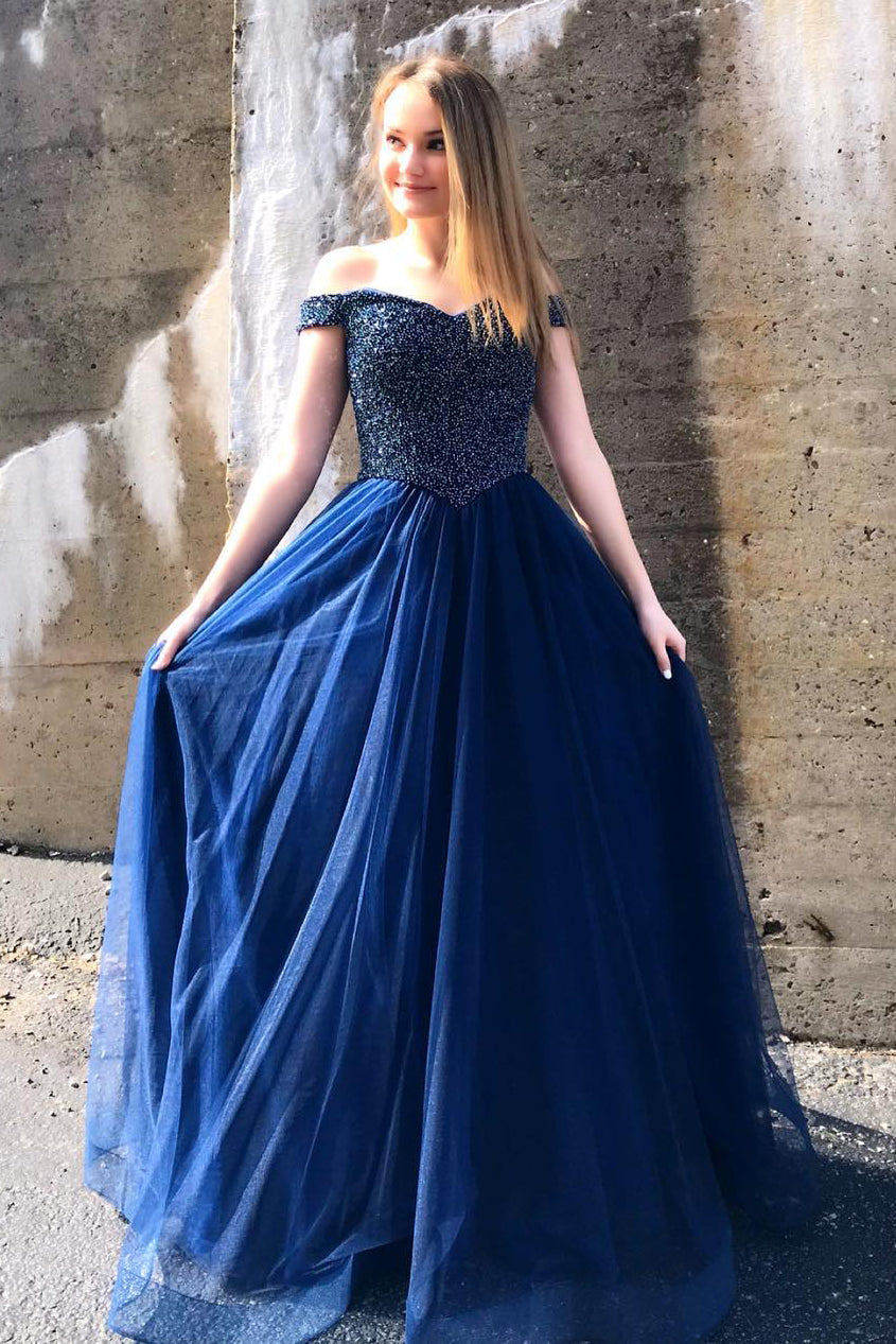 Off the Shoulder Navy Blue Beaded Prom Dress FancyVestido Off the Shoulder Navy Blue Beaded Prom Dress FancyVestido