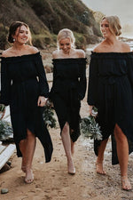 High-Low Off Shoulder Long Sleeves Black Bridesmaid Dress with Ribbon