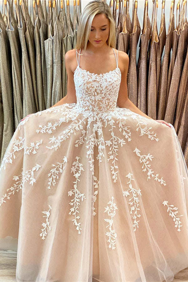 A-line Straps Long Nude Lace Prom Dress with Lace-Up