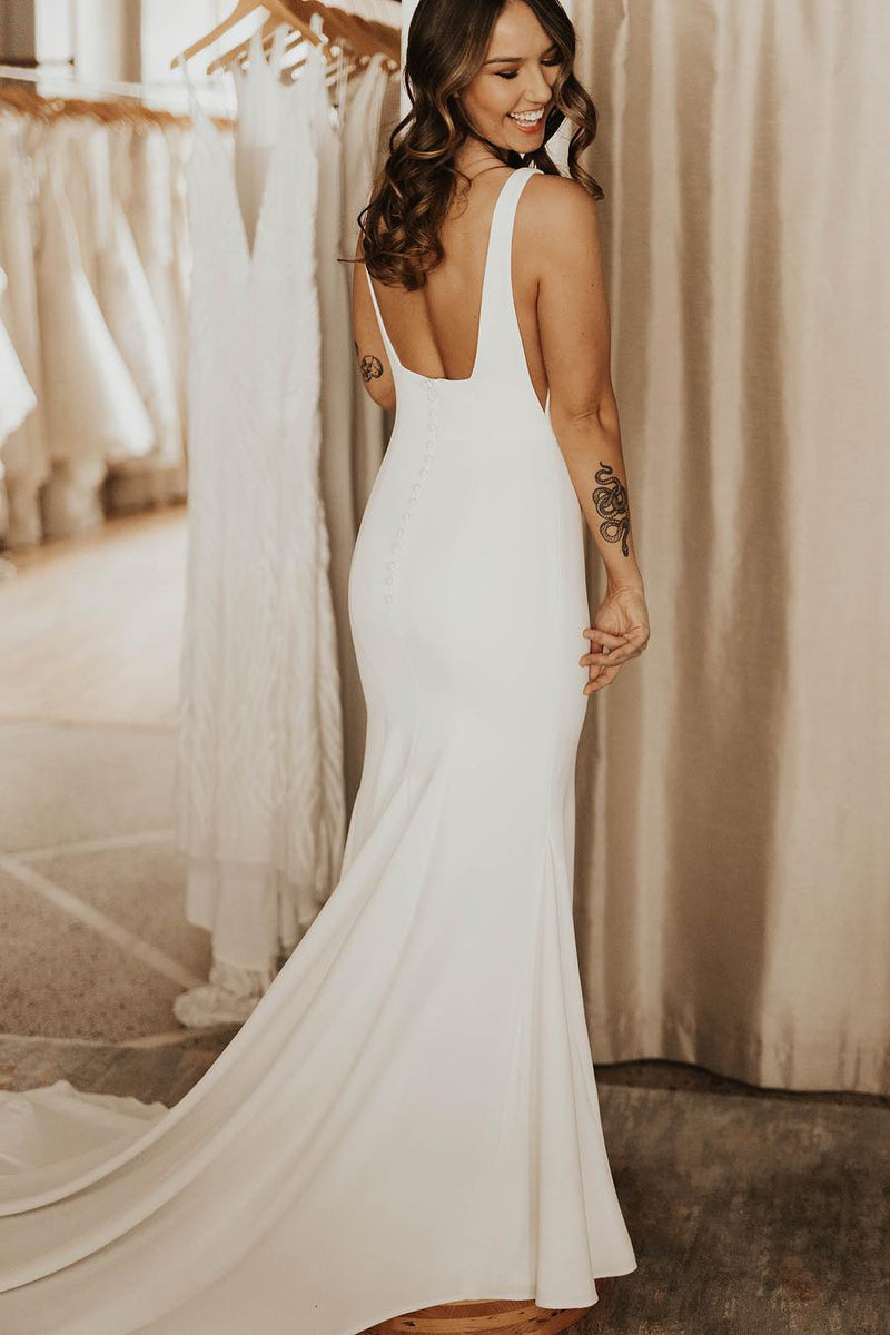 Long Square Neck Mermaid White Bridal Dress