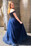 Off the Shoulder Navy Blue Beaded Prom Dress