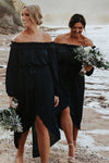 High-Low Off Shoulder Long Sleeves Black Bridesmaid Dress with Ribbon
