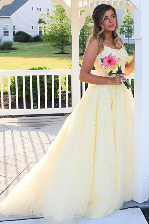 A-line Straps Long Nude Lace Prom Dress with Lace-Up  FancyVestido