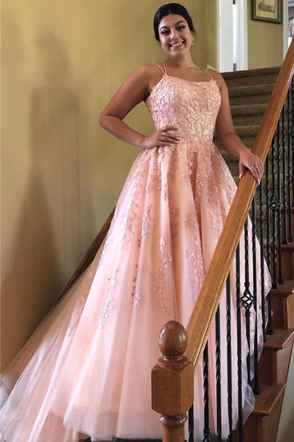 A-line Straps Long Blush Lace Prom Dress with Lace-Up Back – FancyVestido