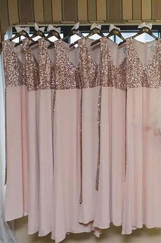 Pink V-Neck Long Bridesmaid Dress with Sequins Top FancyVestido Pink V-Neck Long Bridesmaid Dress with Sequins Top FancyVestido