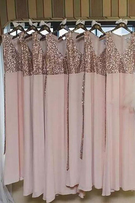 Pink V-Neck Long Bridesmaid Dress with Sequins Top