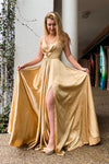 Halter Lace-Up Mesh Gold Long Prom Dress with Slit