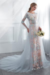 Elegant Illusion Sleeves Sheath Floral Long Formal Dress with Train