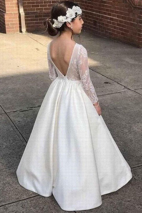 Long Sleeves V Back Floor Length Flower Girl Dress