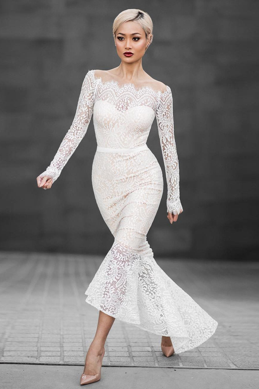 Off Shoulder Mermaid Long Sleeves Lace Party Dress – FancyVestido