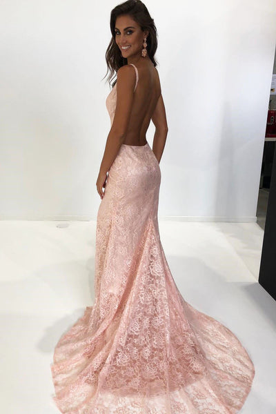 Sexy Backless Floor Length Lace Evening Gown with Train