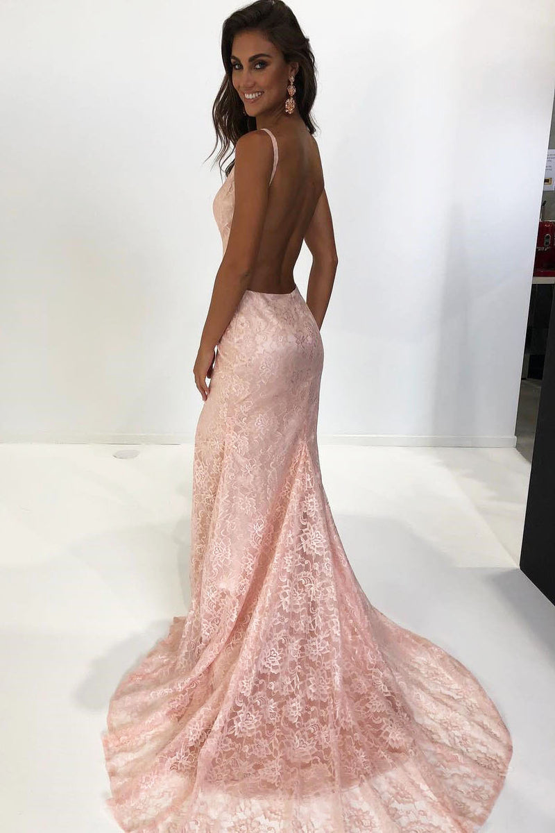 Elegant Mermaid Pink Lace Long Evening Dress
