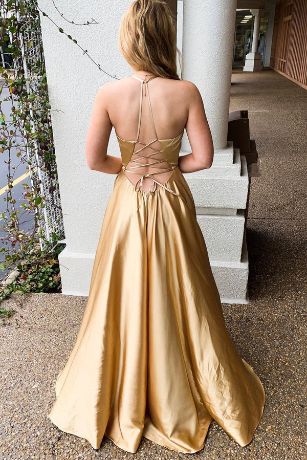 Gold Satin A-Line V-Neck Sleeveless Party Prom Dress With Pockets