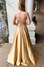 Halter Lace-Up Mesh Gold Long Prom Dress with Slit