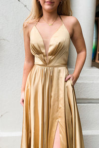 Gold Satin A-Line V-Neck Sleeveless Party Prom Dress With Pockets