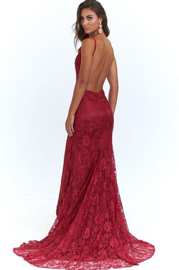Sexy Backless Floor Length Lace Evening Gown with Train
