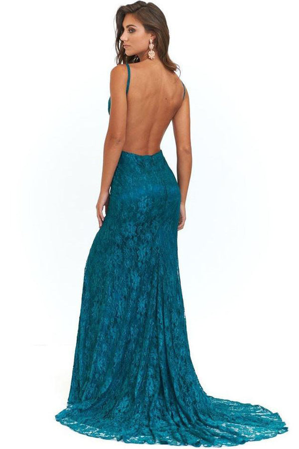 Sexy Backless Floor Length Lace Evening Gown with Train