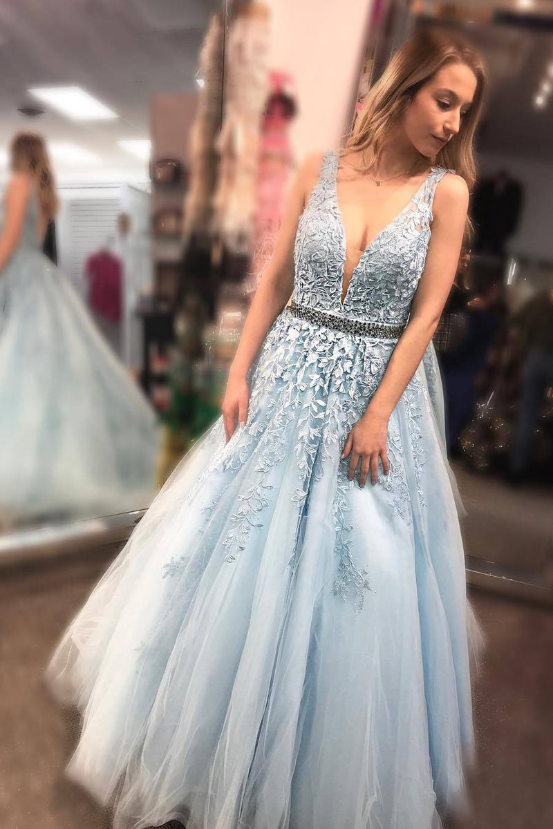 Floor Length Light Sky Blue Prom Dress with Appliques and Beaded Belt