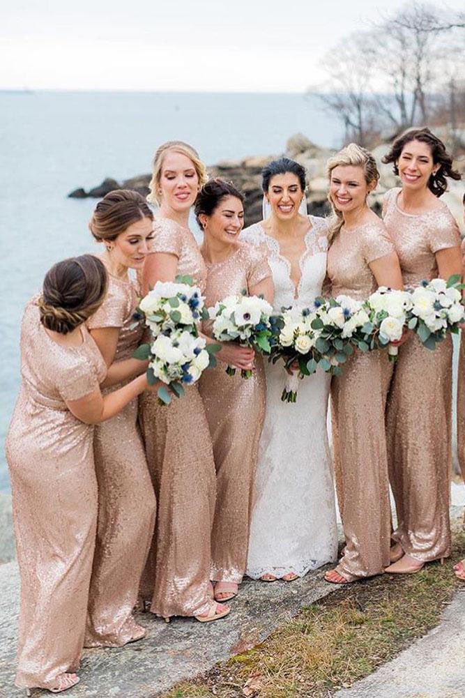 Mermaid Short Sleeves Rose Gold Sequins Long Bridesmaid Dress