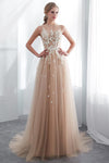 Gorgeous Long Champagne Prom Dress with White Lace Appliques